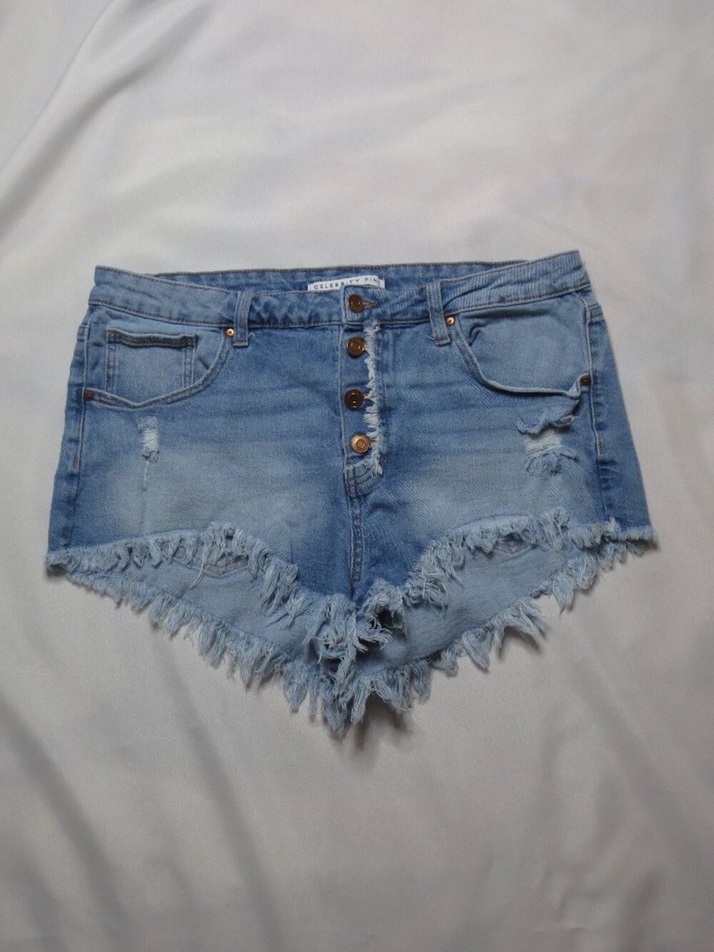 CELEBRITY PINK women DENIM blue BUTTON-FLY distressed SHORT frayed jean SIZE 17